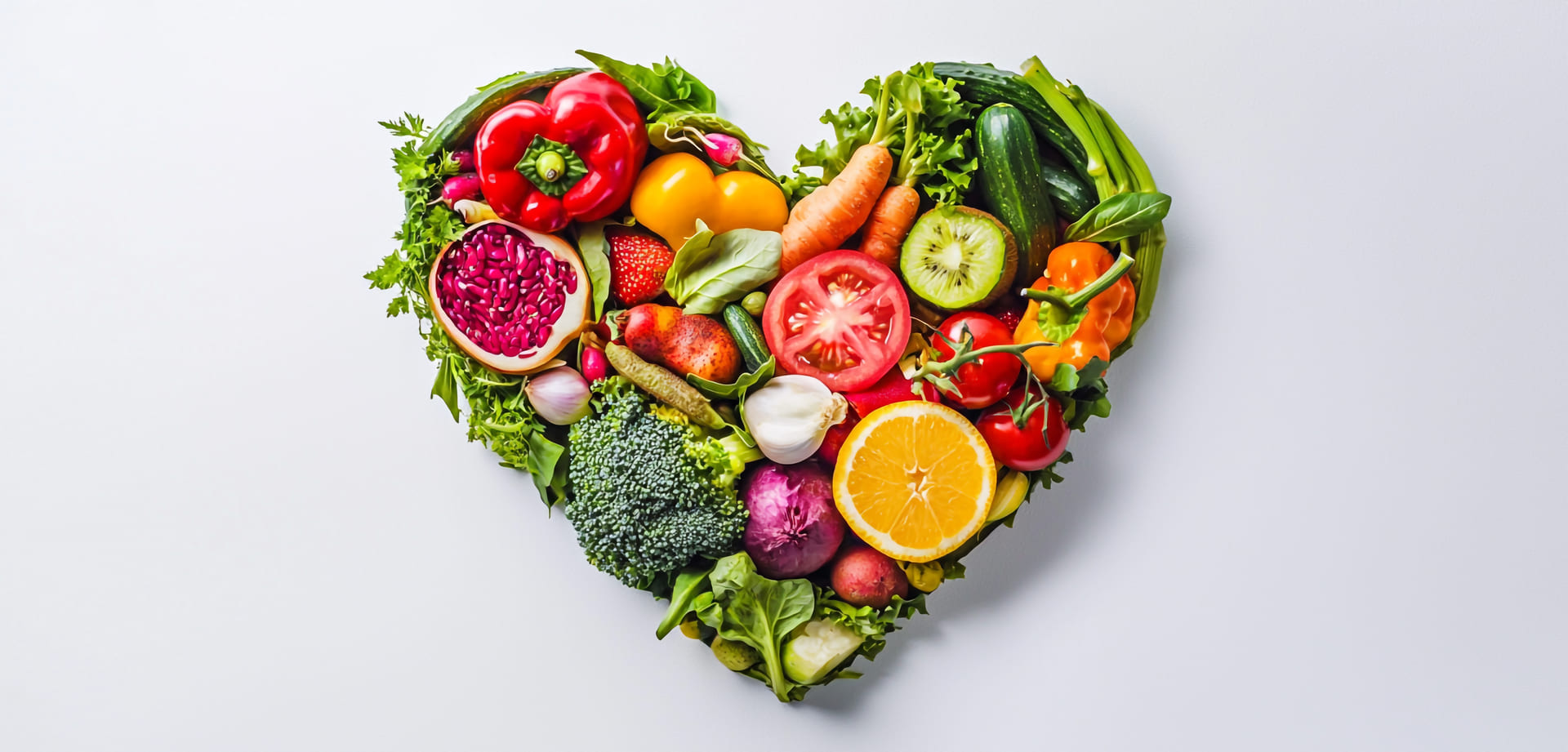 Une variété de fruits et légumes colorés disposés en forme de cœur, symbolisant une alimentation saine et équilibrée.