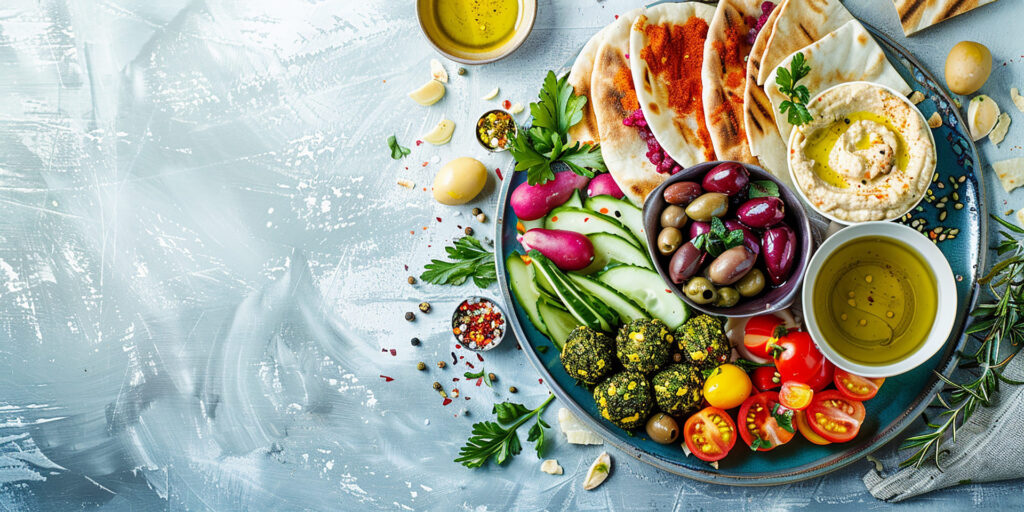 Plateau coloré de cuisine méditerranéenne comprenant houmous, olives, crudités, falafels et pain pita.