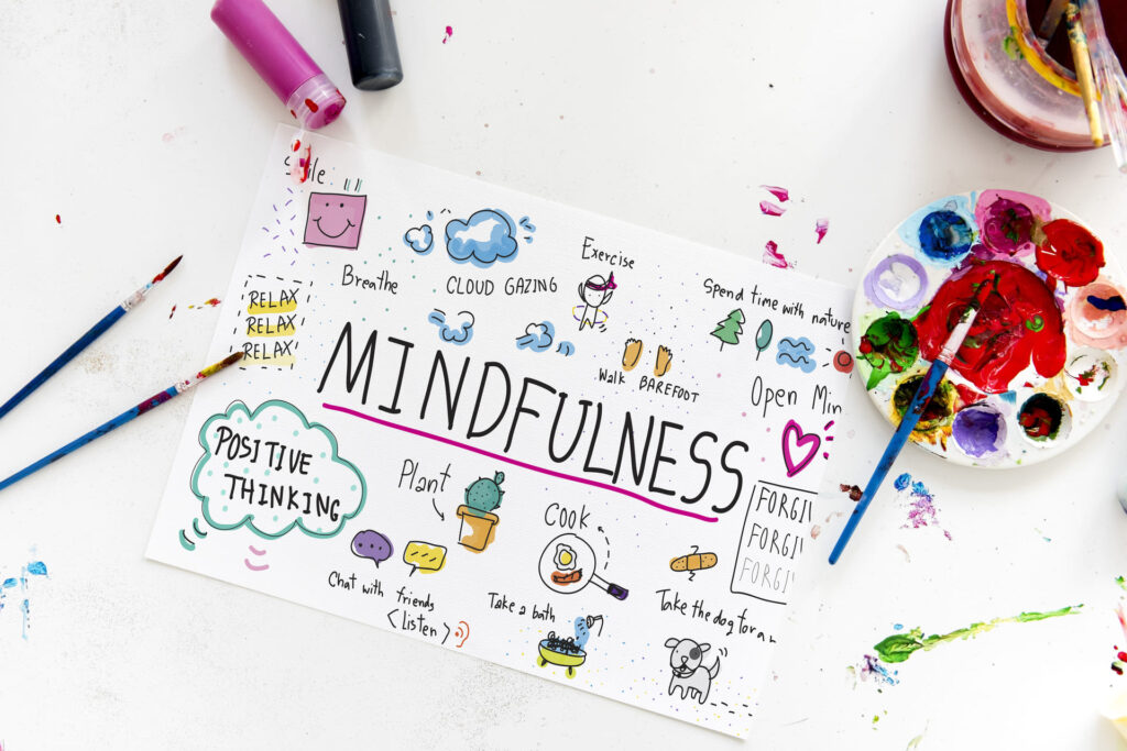 Illustration de techniques de pleine conscience avec des dessins colorés et des mots clés comme "respirer", "penser positivement", "se détendre".