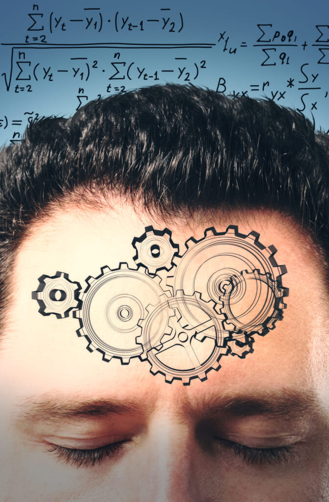 Un homme aux yeux fermés avec des engrenages dessinés sur son front, symbolisant la réflexion et la mémorisation, accompagné de formules mathématiques en arrière-plan.